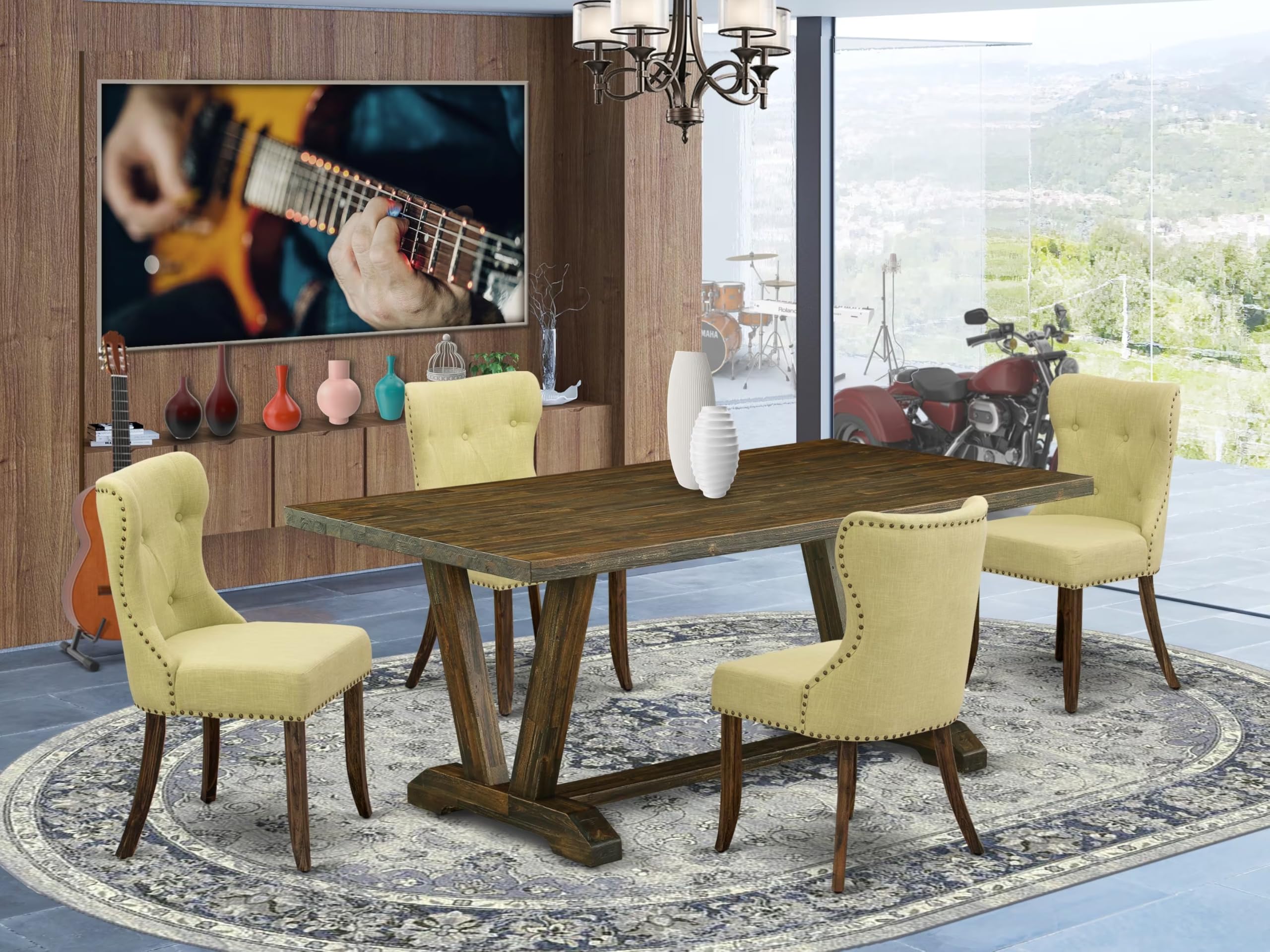 East West Furniture V777Si737-5 5 Piece Kitchen Table & Chairs Set Includes A Rectangle Dining Room Table With V-Legs And 4 Limelight Linen Fabric Parson Chairs, 40X72 Inch, Multi-Color